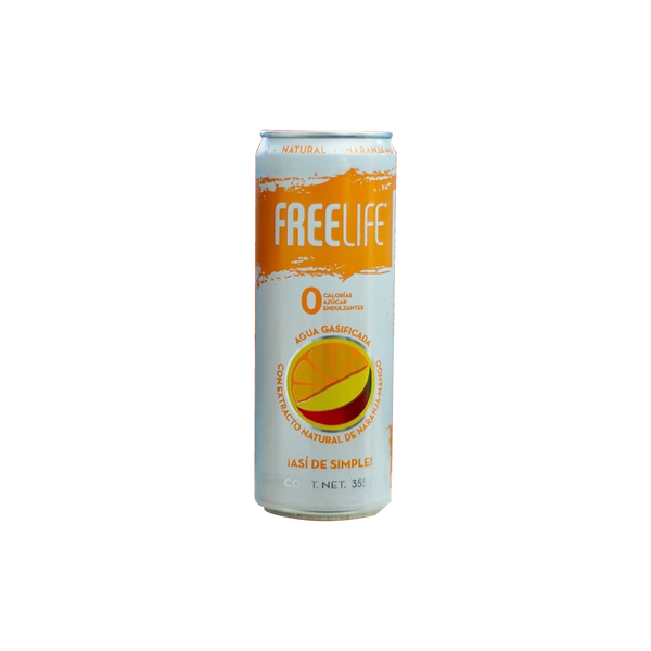 Agua gasificada con extracto natural de Naranja, FREELIFE, 355 ml.